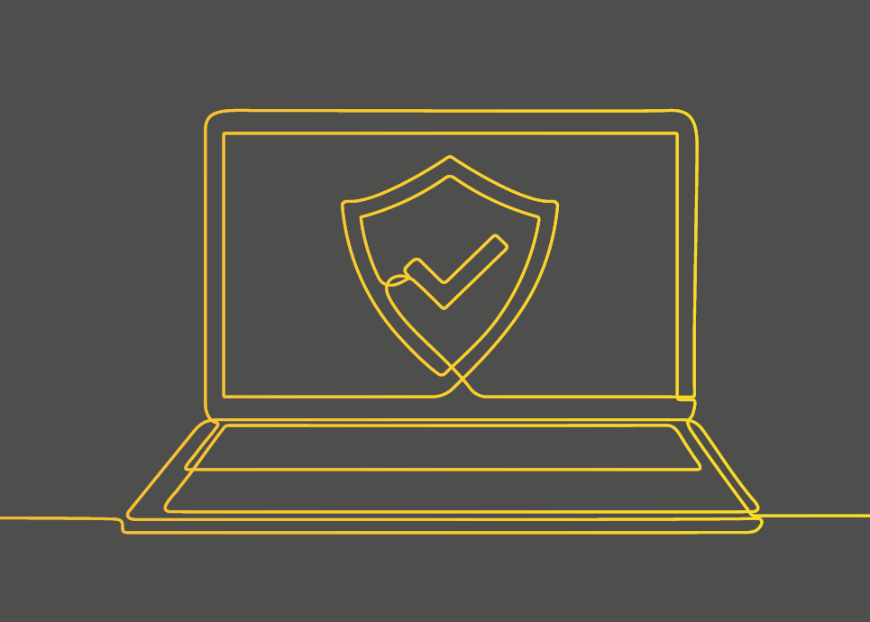 Line drawing of a laptop with a tick trust symbol on top over a grey background.