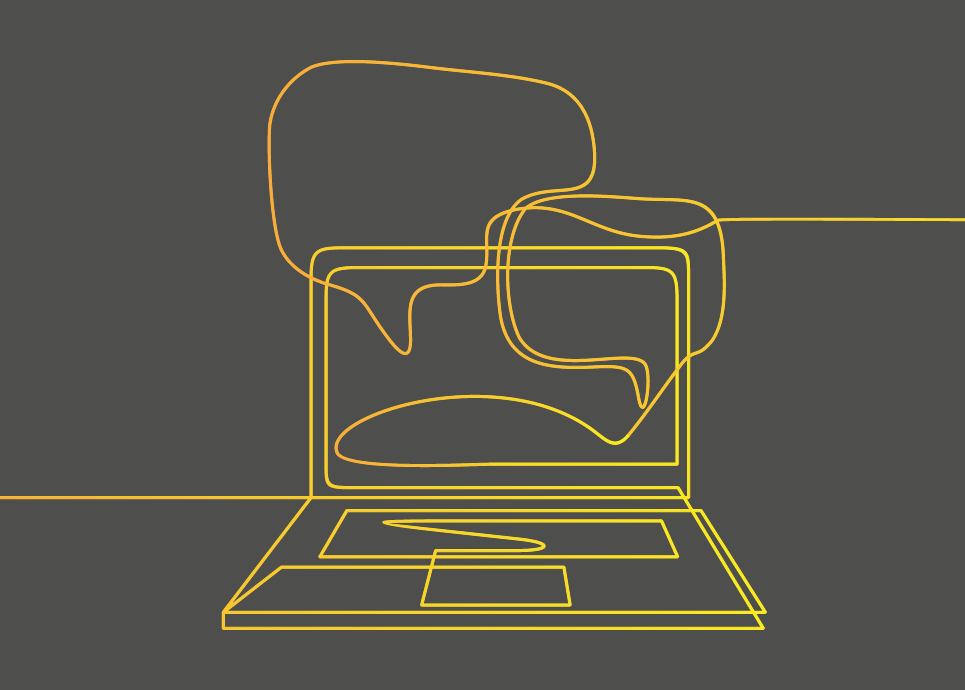 Line drawing illustration of a laptop with speech bubbles.